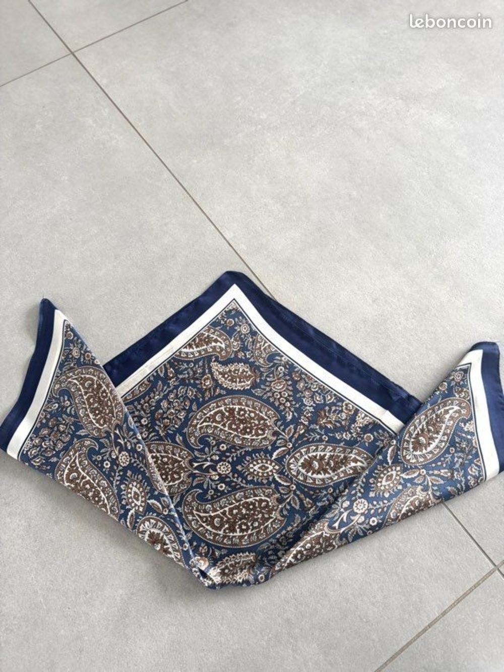 Silk-feel Blue and Brown Paisley Head , Neck Scarf 70*70cm - Picture 2 of 4